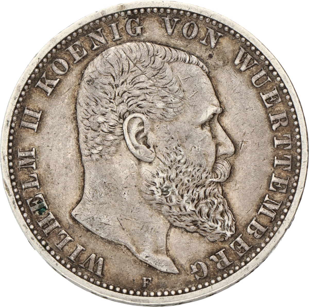 German States. Württemberg. Wilhelm II. 5 Mark. 1892. VF +.