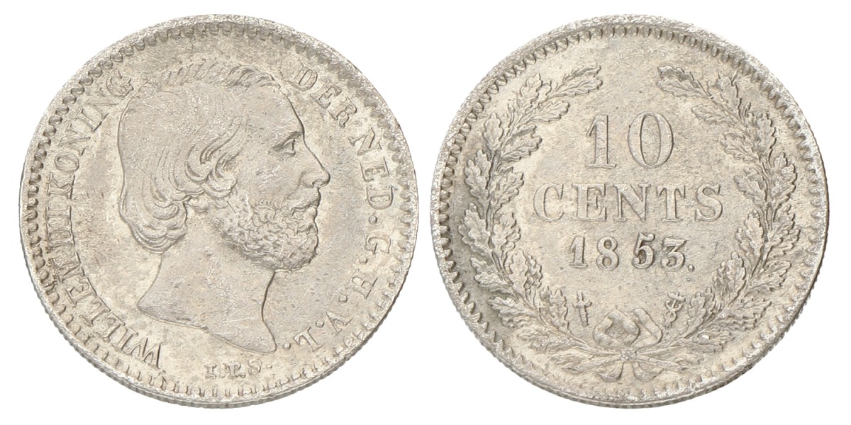 10 Cent. Willem III. 1853. Zeer Fraai / Prachtig.