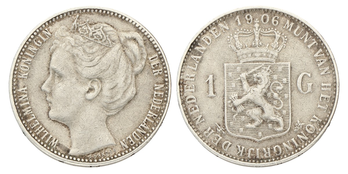 1 Gulden. Wilhelmina. 1906. Zeer Fraai +.