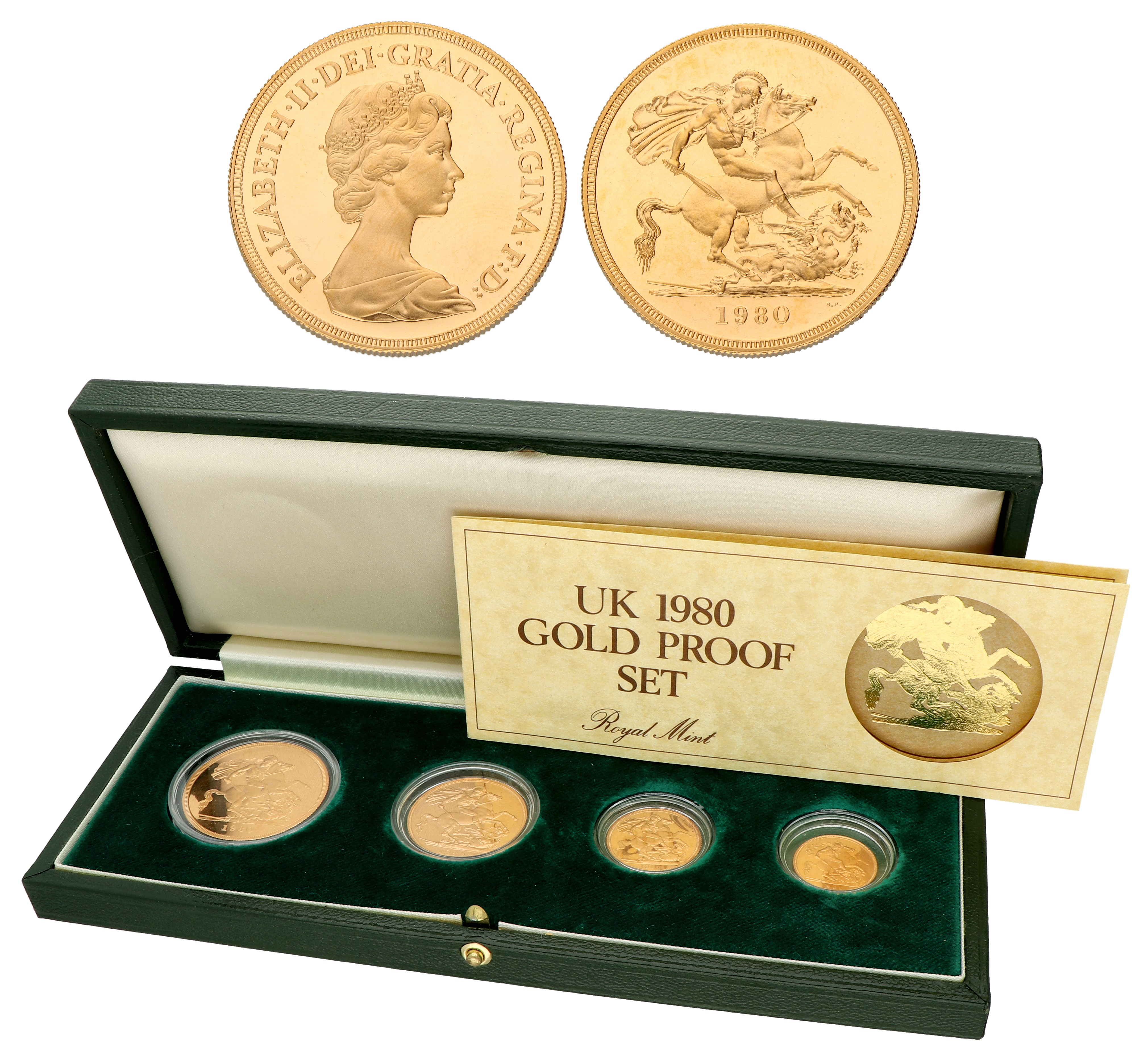 Great Britain. Elizabeth II. Proofset of 5 Pounds, 2 Pounds, Sovereign & ½ Sovereign. 1980. FDC.