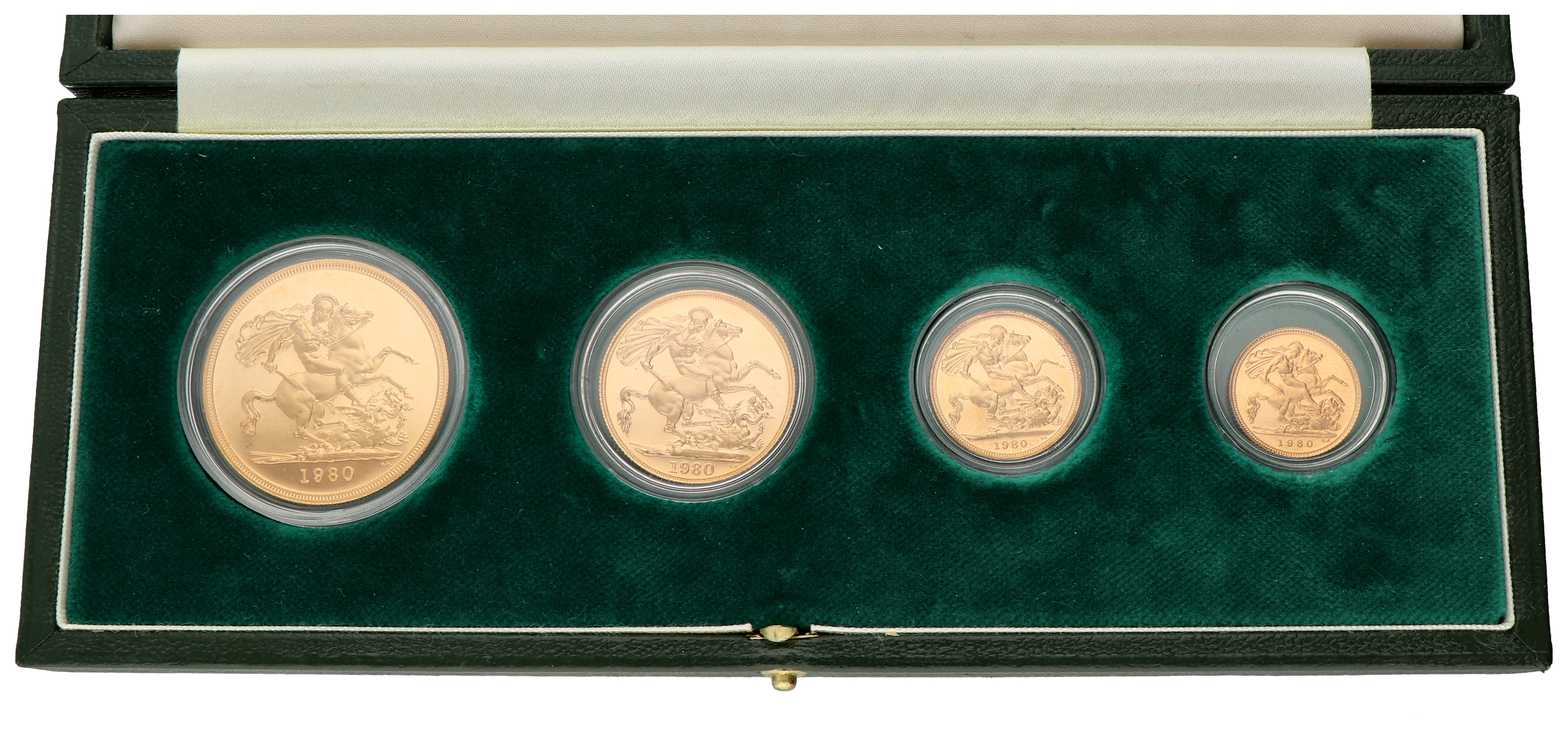 Great Britain. Elizabeth II. Proofset of 5 Pounds, 2 Pounds, Sovereign & ½ Sovereign. 1980. FDC.