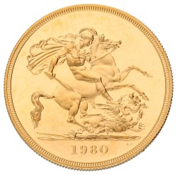 Great Britain. Elizabeth II. Proofset of 5 Pounds, 2 Pounds, Sovereign & ½ Sovereign. 1980. FDC.