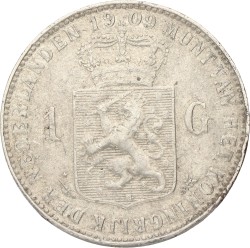 1 Gulden. Wilhelmina. 1909. Zeer Fraai.