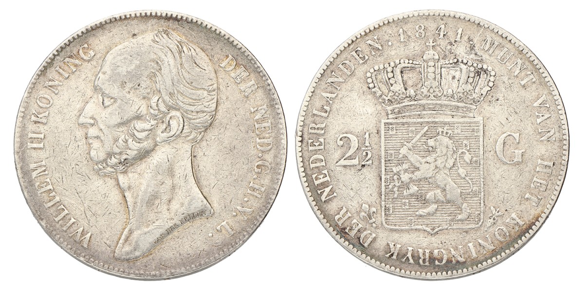 2½ Gulden. Willem II. 1841. Zeer Fraai +.