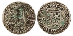 Scheepjesschelling van 6 stuiver. Enkhuizen. 1677. Zeer Fraai.