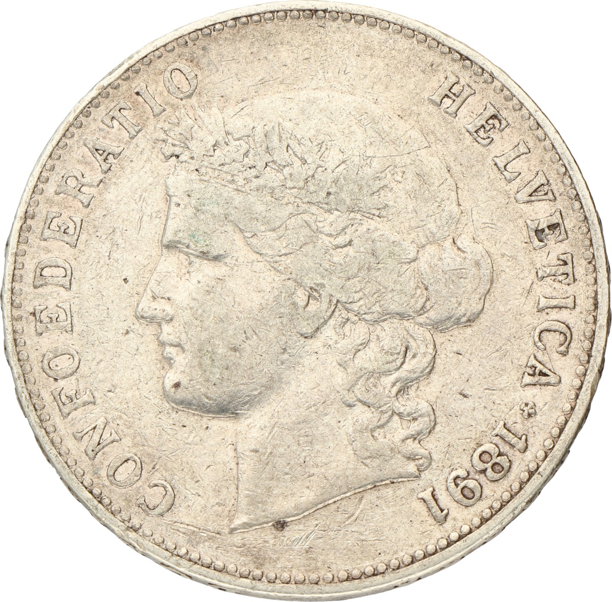 Switzerland. 5 Francs. 1891 B. VF.