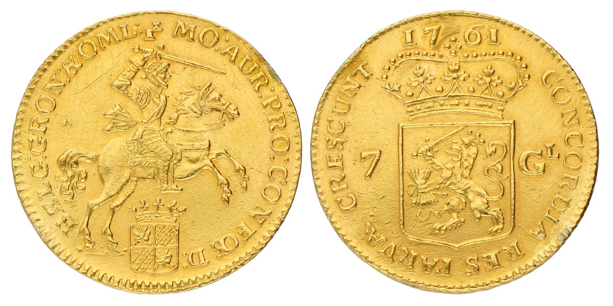 7 Gulden gouden rijder. Groningen en Ommelanden. 1761. Zeer Fraai / Prachtig.