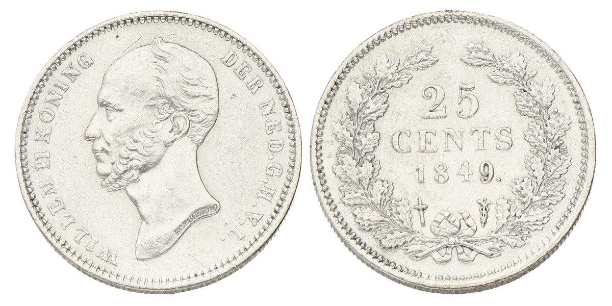 25 Cents. Willem II. 1849. UNC -.