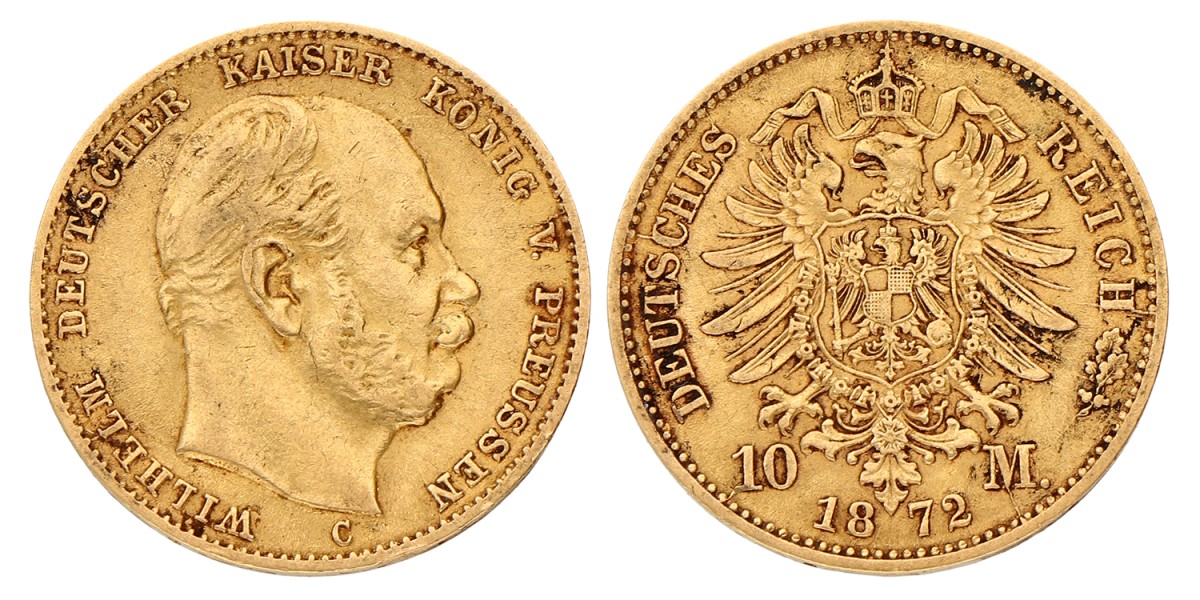 German states. Prussia. Wilhelm II. 10 Mark. 1872 C. VF +.