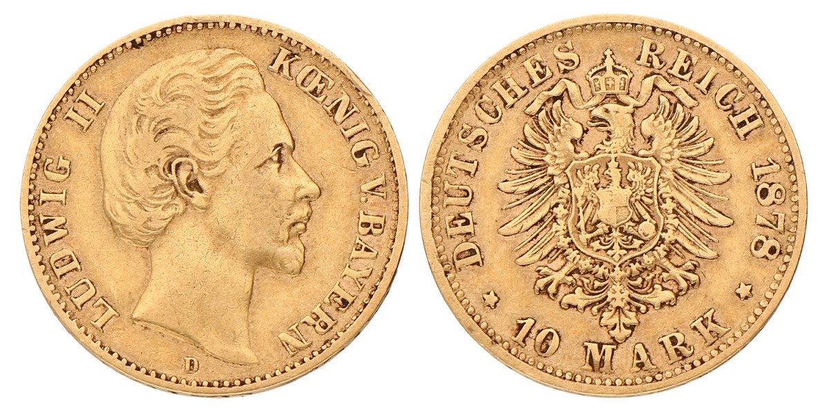 German states. Bavaria. Lüdwich II. 10 Mark. 1878 D. VF +.