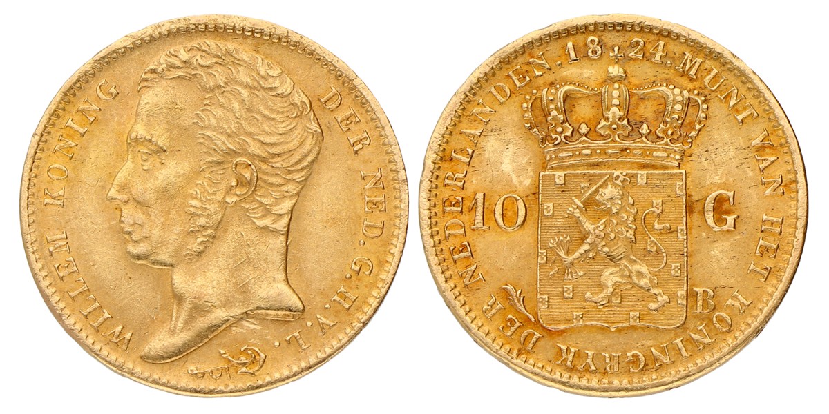 10 Gulden. Willem I. 1824 B. Zeer Fraai +.