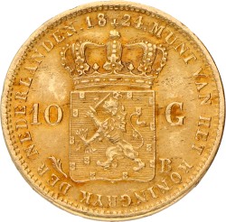 10 Gulden. Willem I. 1824 B. Zeer Fraai +.