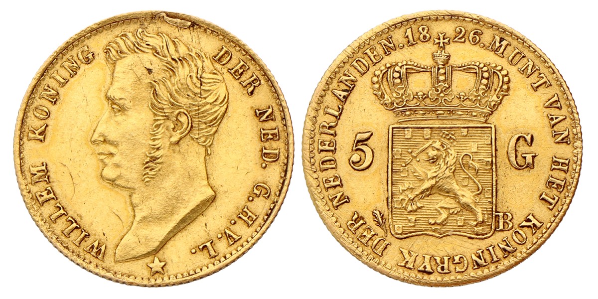 5 Gulden. Willem I. 1826 B. Zeer Fraai.