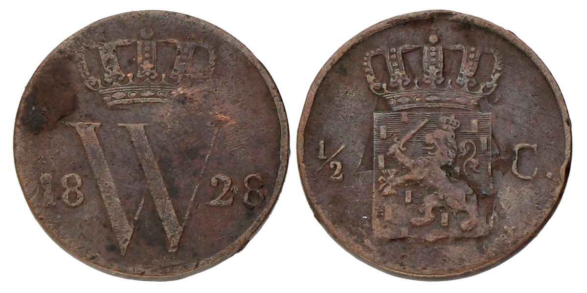 ½ Cent - Misslag, vz. incuus op az. Willem I. 1828. Fraai / Zeer Fraai.