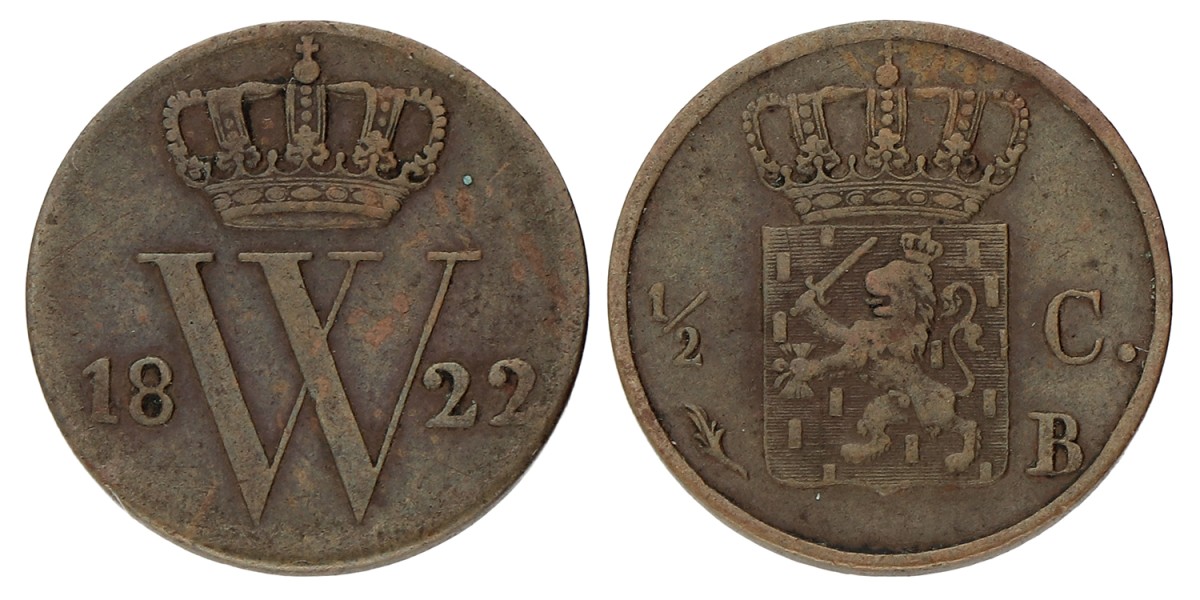 ½ Cent. Willem I. 1822 B. Zeer Fraai.