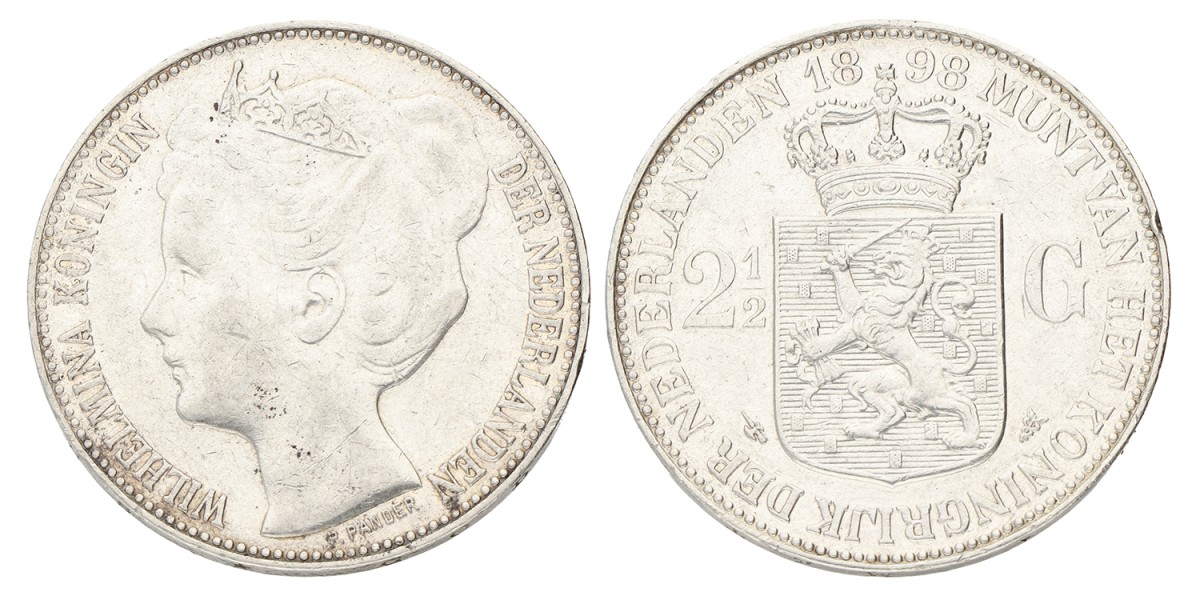 2½ Gulden. Wilhelmina. 1898 Met punt. Zeer Fraai +.