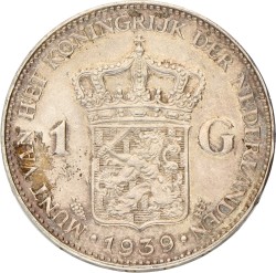 1 Gulden. Wilhelmina in Londen - Helm op de munt gezet ipv ingegraveerd. 1939. Zeer Fraai / Prachtig.