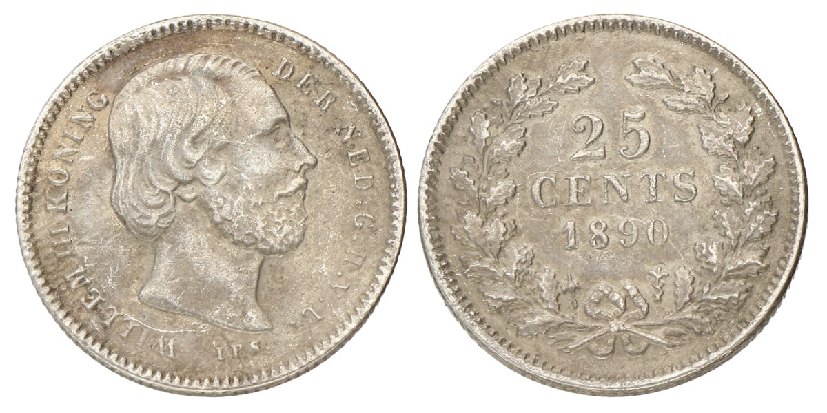 25 Cent. Willem III. 1890 Zonder punt. Zeer Fraai -.