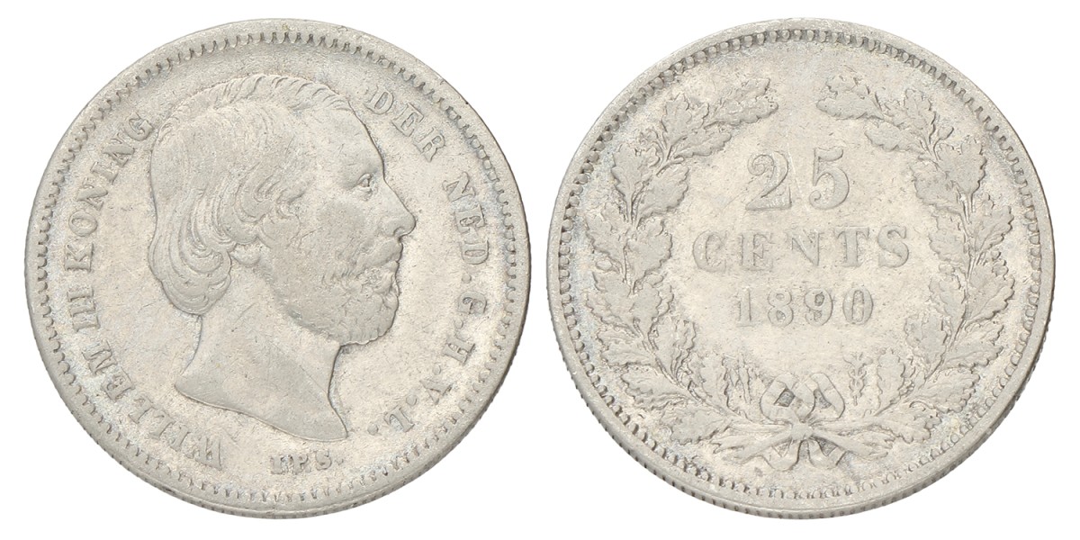 25 Cent. Willem III. 1890 Zonder punt. Zeer Fraai -.