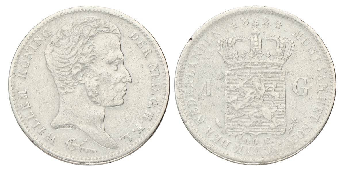 1 Gulden. Willem I. 1824 U Zonder streepje. Zeer Fraai -.