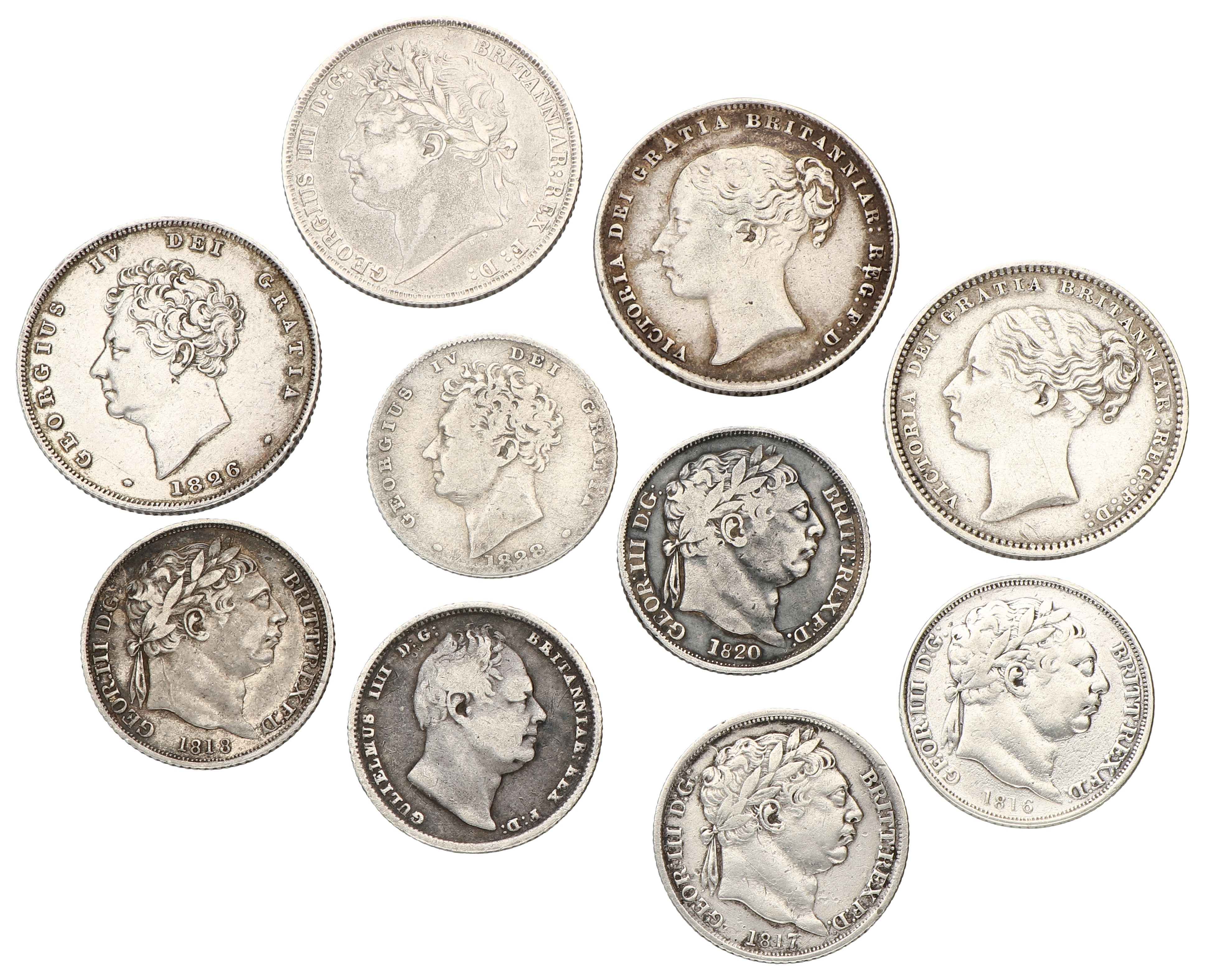 Great Britain. George III - Victoria. Lot (10) Shilling & 6 Pence. 1816 - 1883. F - XF.