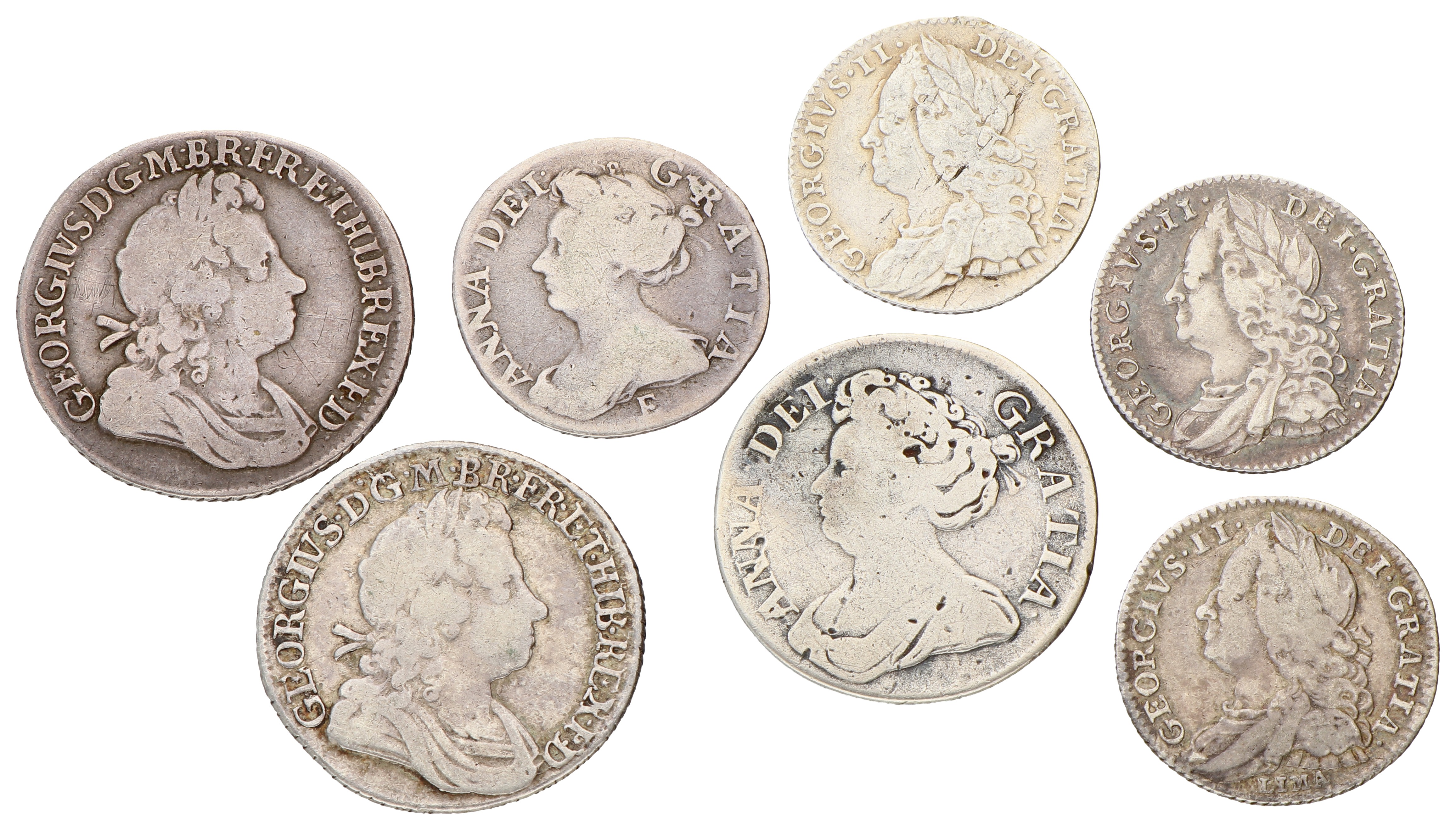 Great Britain. Anne & George IV. Lot (7) Shilling & 6 Pence. 1711 - 1757. VF - XF.