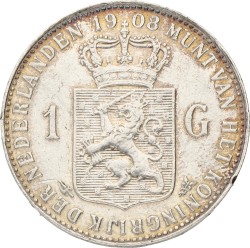 1 Gulden. Wilhelmina. 1908. Zeer Fraai +.