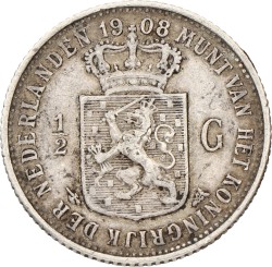 ½ Gulden. Wilhelmina. 1908. Zeer Fraai +.