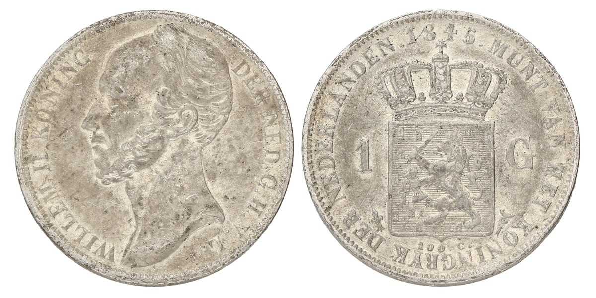 1 Gulden. Willem II. 1845 Zonder streepje. Zeer Fraai +.