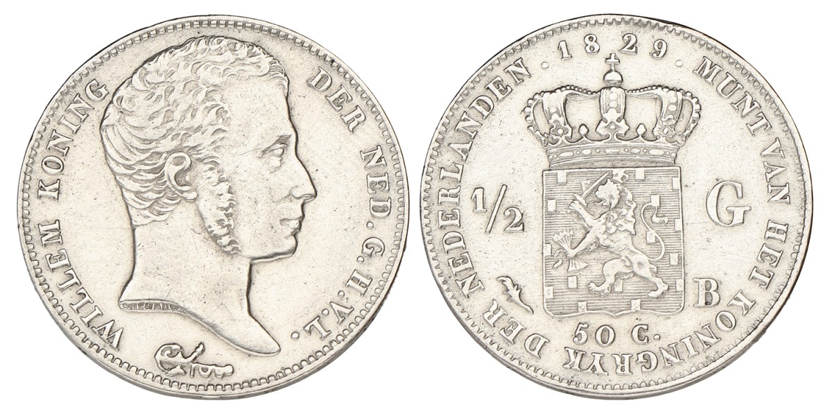 ½ Gulden. Willem I. 1829/23. Zeer Fraai / Prachtig.