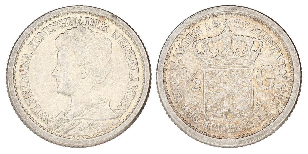 ½ Gulden. Wilhelmina. 1913. Prachtig / UNC.