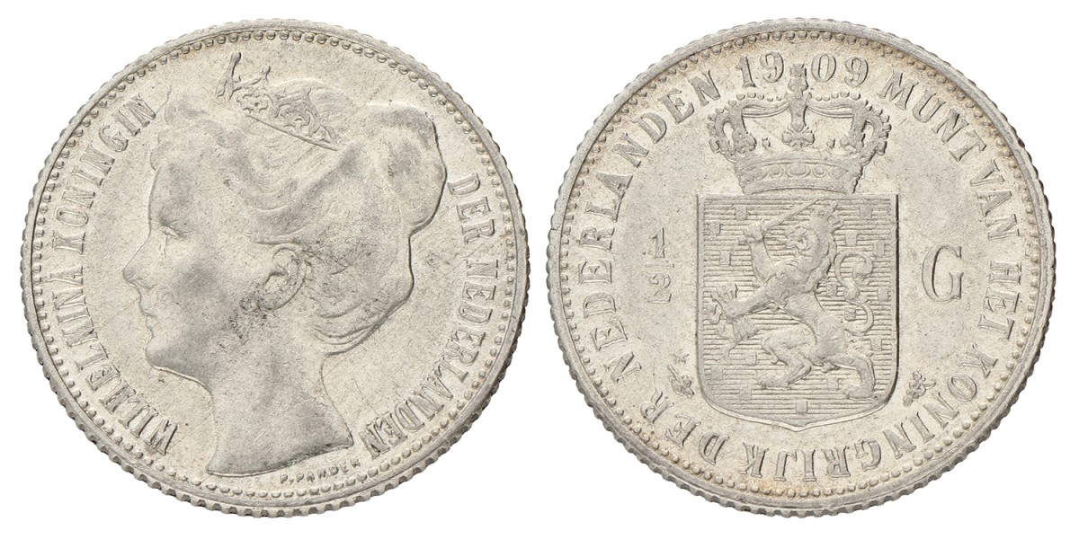 ½ Gulden. Wilhelmina. 1909. Prachtig / UNC.