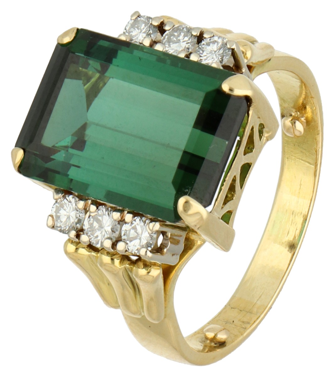 18K Geelgouden ring bezet met ca. 6.92 ct. toermalijn en diamant.