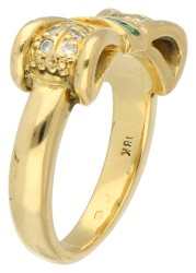 18K Geelgouden strik ring bezet met diamant en smaragd.