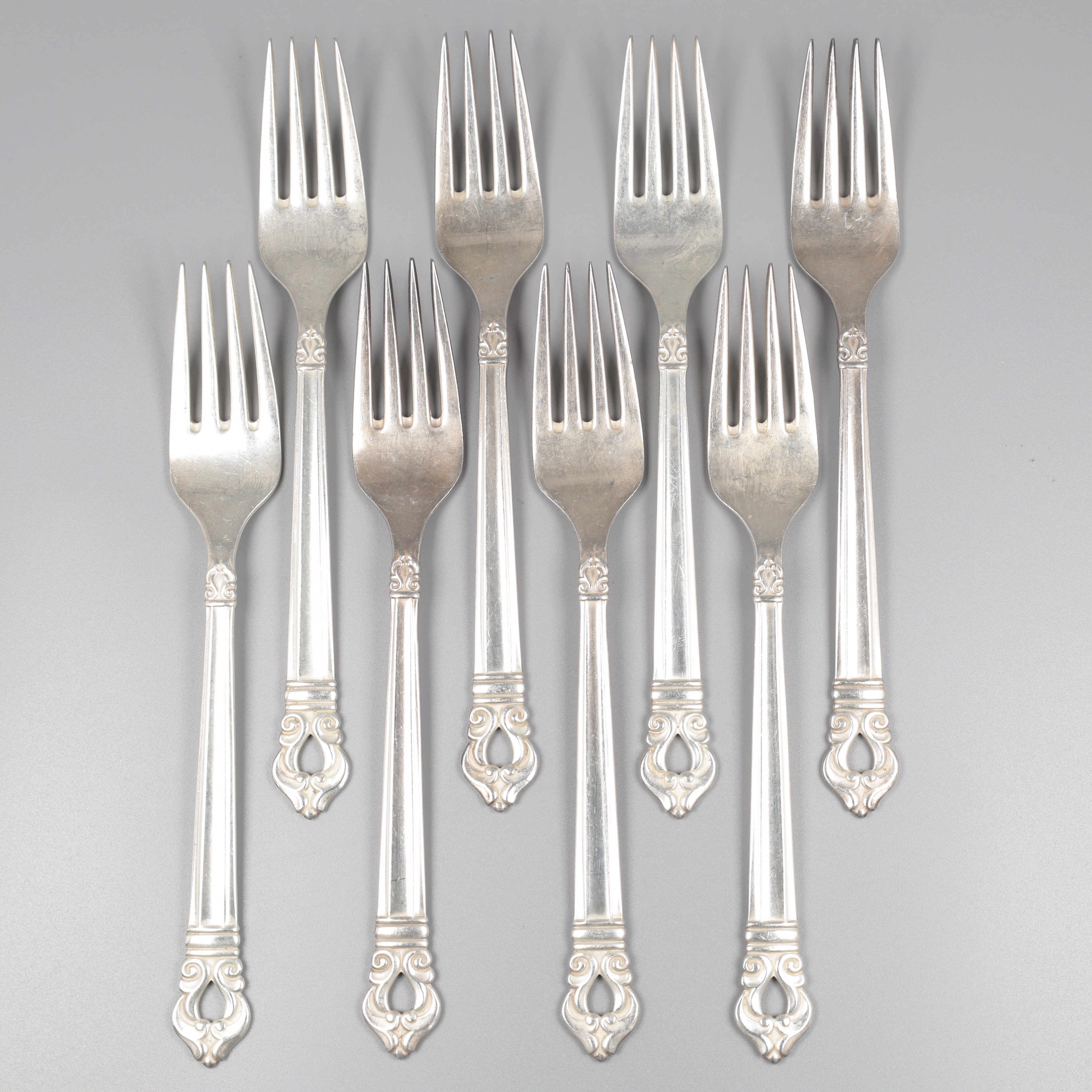 8-delige set dinervorken, model Royal Danish bij Codan S.A. (Mexico), zilver.