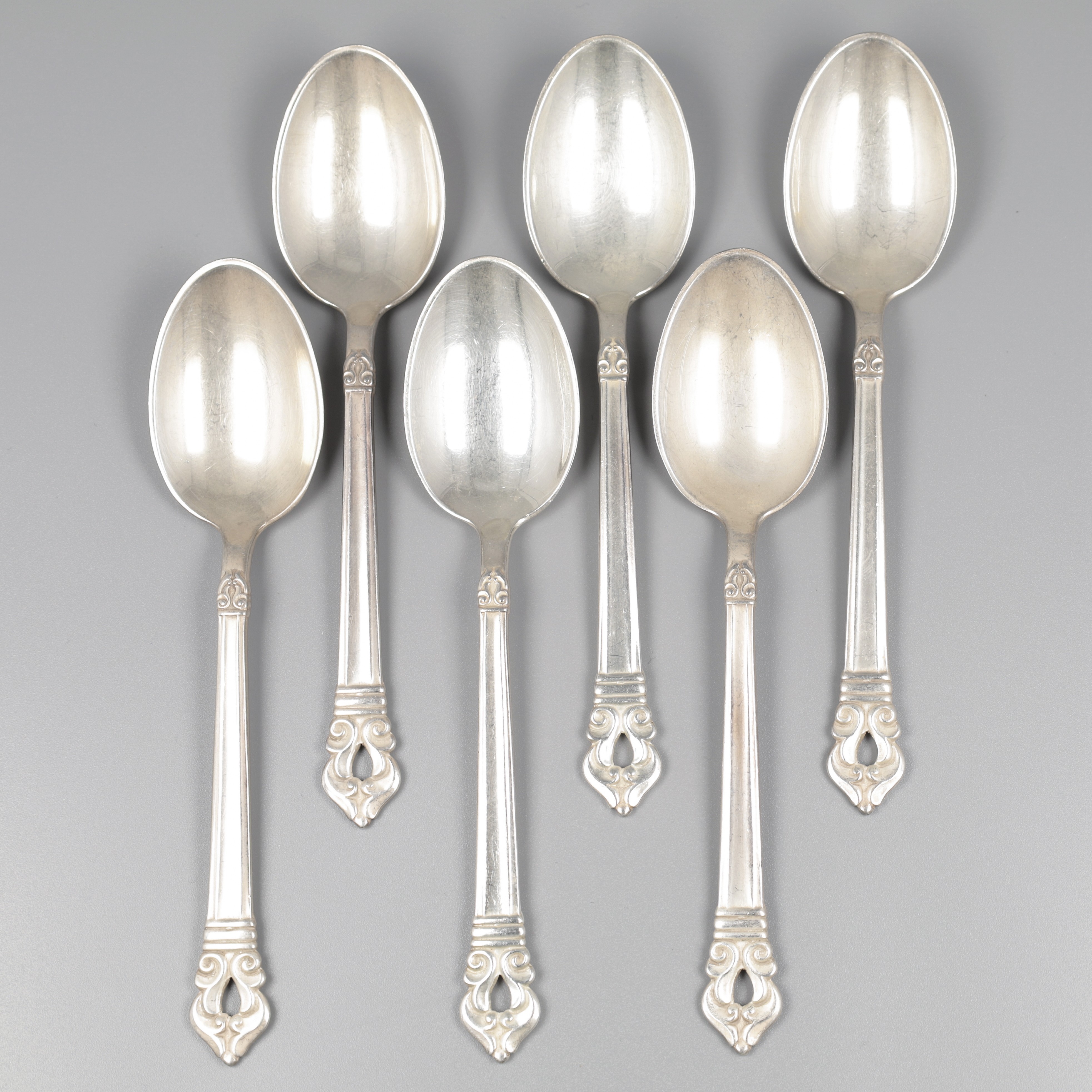 6-delige set dessertlepels, model Royal Danish bij Codan S.A. (Mexico), zilver.