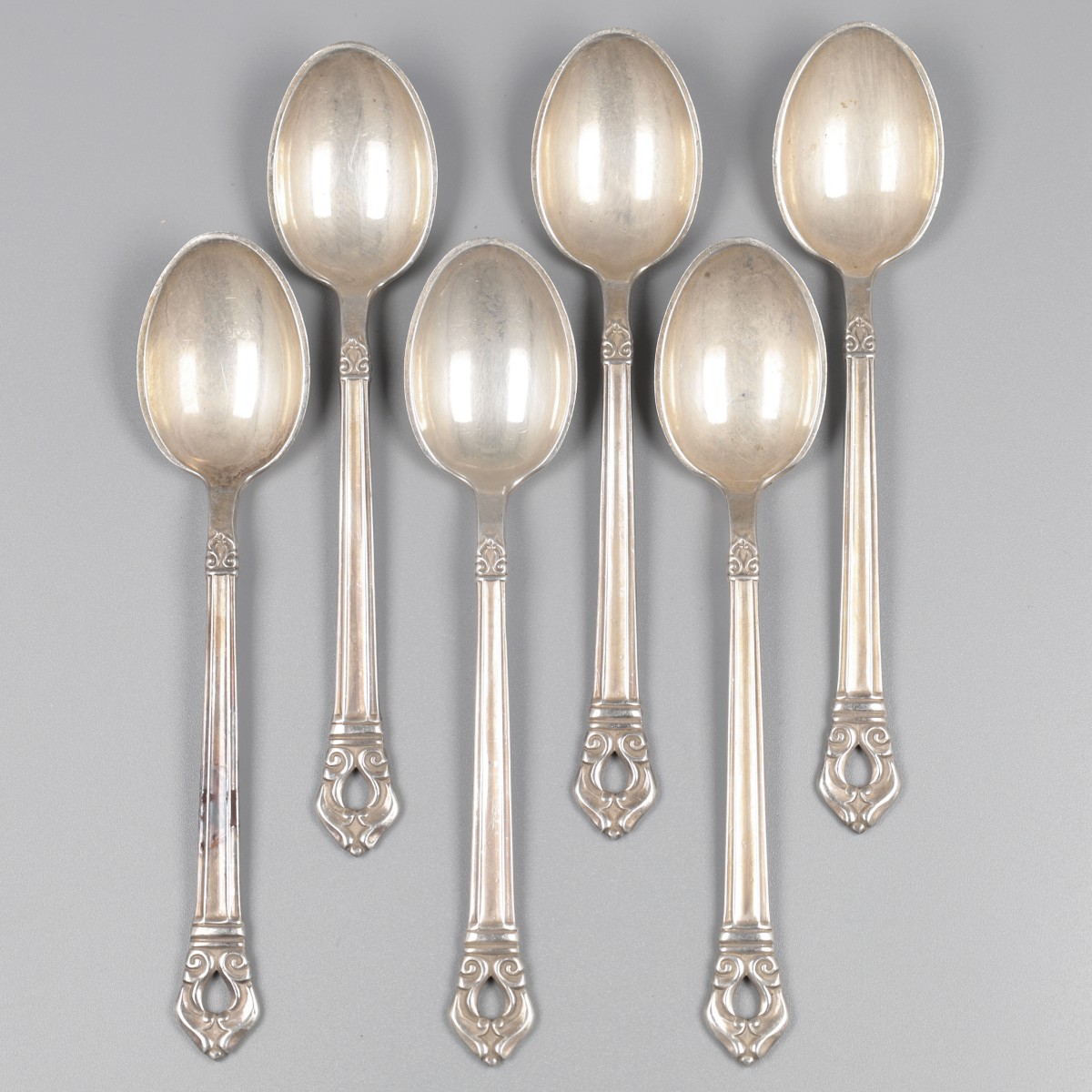 6-delige set theelepels, model Royal Danish bij Codan S.A. (Mexico), zilver.