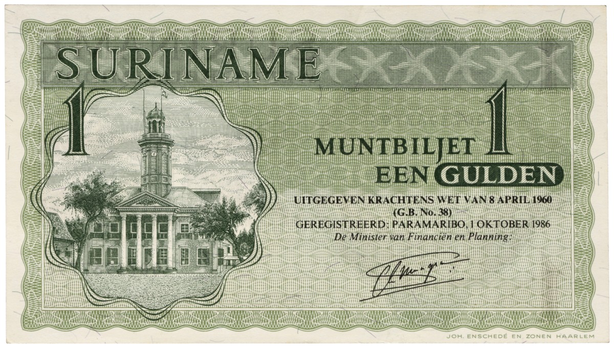 Suriname. 1 Gulden. Banknote. Type 1960. - Extremely fine.