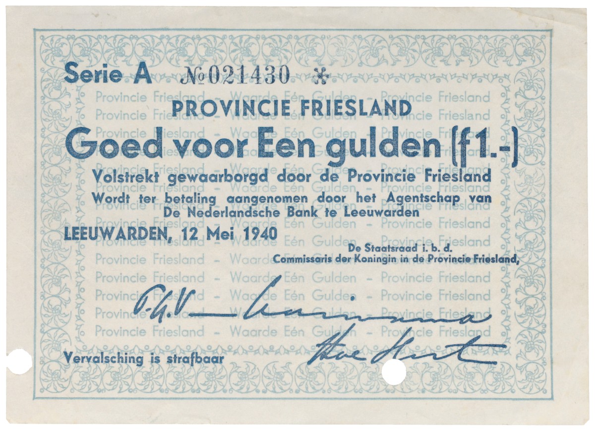 Nederland. 1 Gulden. Noodgeld. Type 1940. Type Friesland. - UNC.