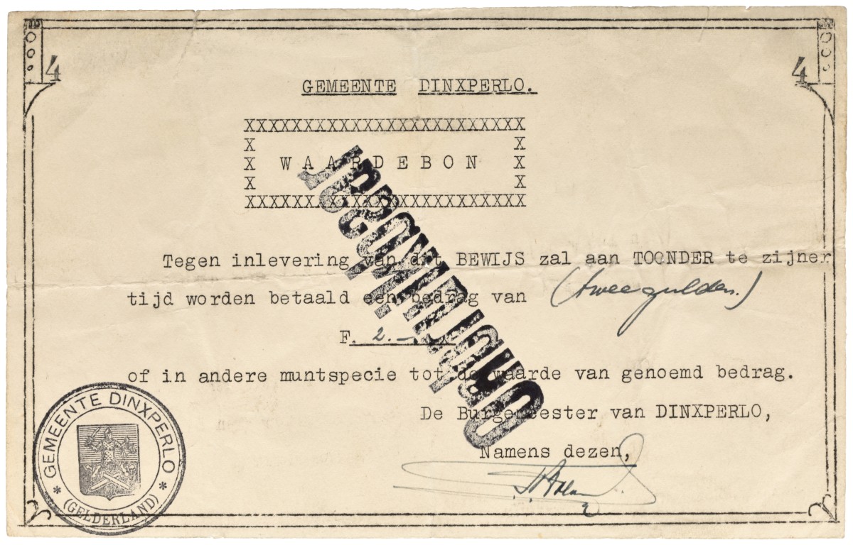Nederland. 2 Gulden. Waardebon. Type ND. Type Dinxperlo. - UNC.