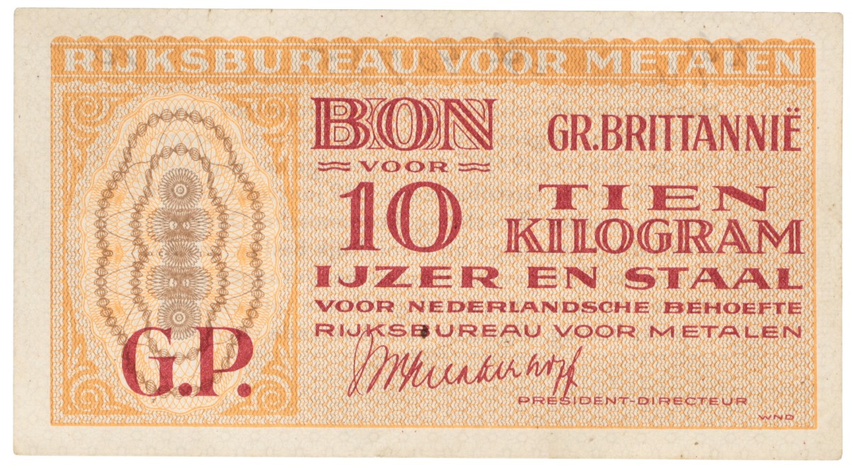 Nederland. 10 Kilo IJzer en Staal. Waardebon. Type 1935/1950. - Prachtig.