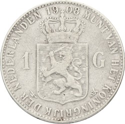 1 Gulden. Wilhelmina. 1908. Zeer Fraai.