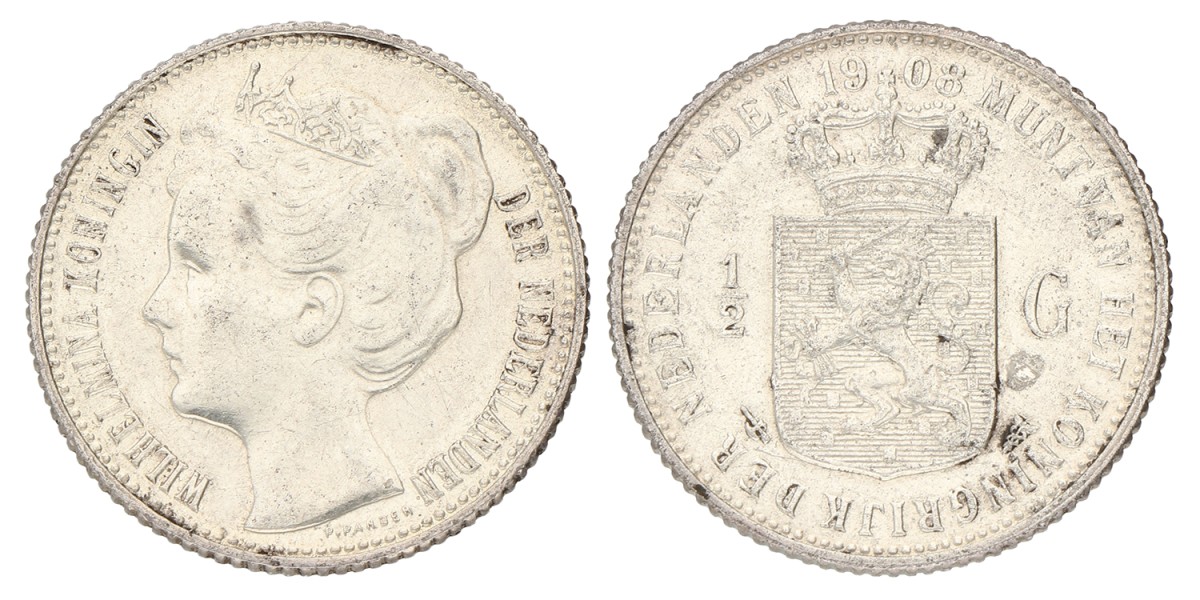 ½ Gulden. Wilhelmina. 1908. Prachtig / UNC.