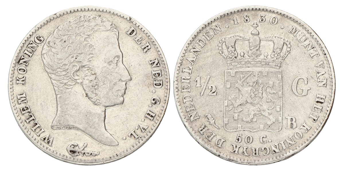 ½ Gulden. Willem I. 1830 B. Zeer Fraai +.