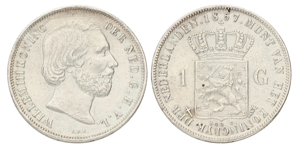 1 Gulden. Willem III. 1857. Zeer Fraai / Prachtig.