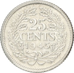 25 Cent. Wilhelmina. 1945 P. Prachtig +.