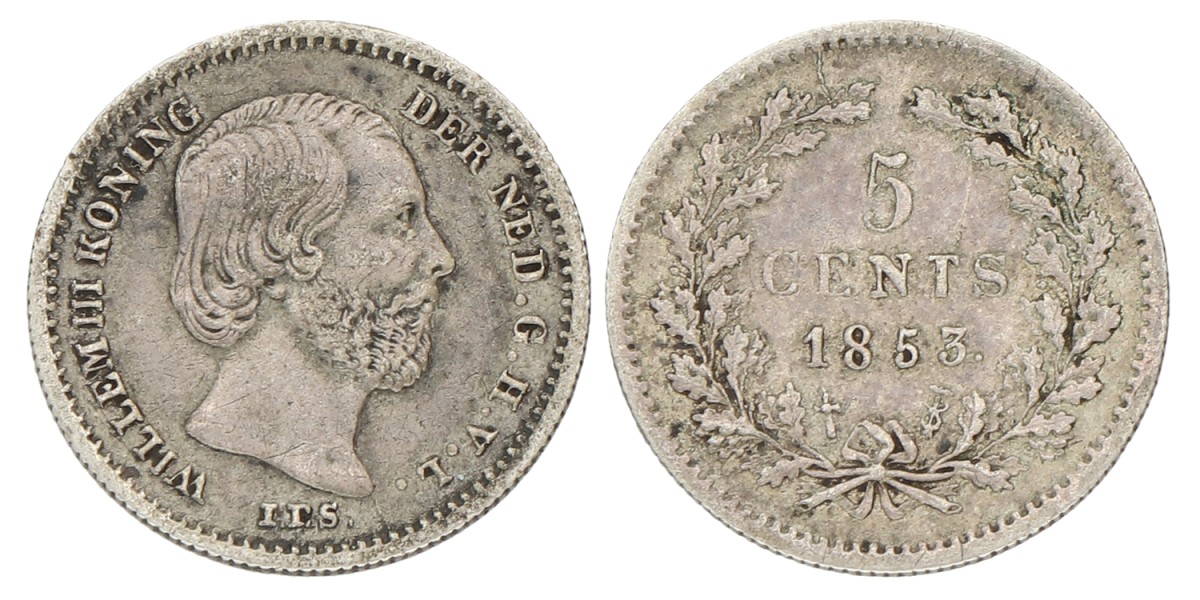 5 Cent. Willem III. 1853. Zeer Fraai +.