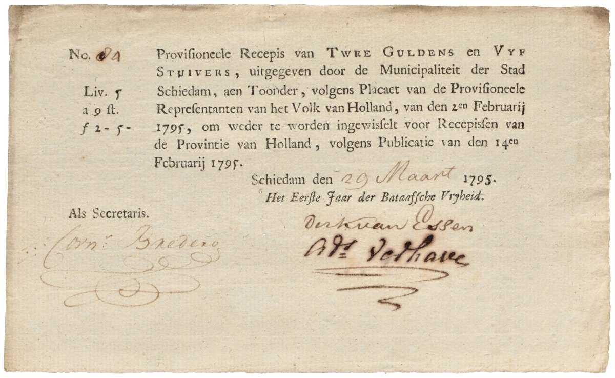 Nederland. 2 Gulden en 5 Stuivers. Recepisse. Type 1795. Type Schiedam. - Zeer Fraai / Prachtig.