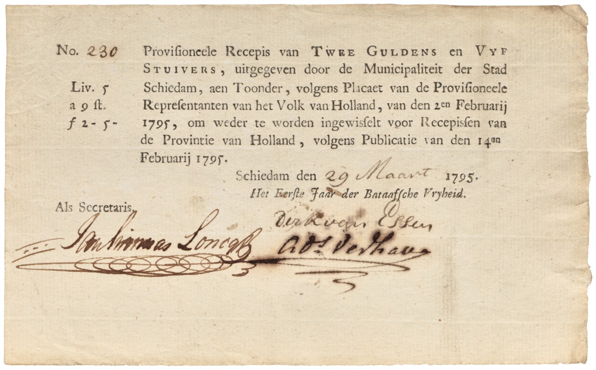 Nederland. 2 Gulden en 5 Stuivers. Recepisse. Type 1795. Type Schiedam. - Zeer Fraai / Prachtig.