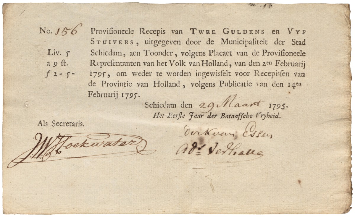 Nederland. 2 Gulden en 5 Stuivers. Recepisse. Type 1795. Type Schiedam. - Zeer Fraai / Prachtig.